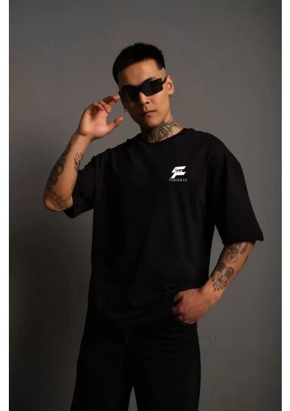 Unisex Bisiklet Yaka Baskılı Oversize T-Shirt - Siyah