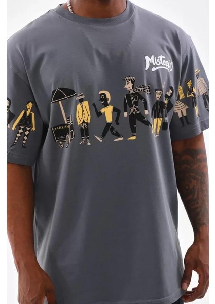 Unisex Bisiklet Yaka Baskılı Oversize T-Shirt - Gri fiyatları