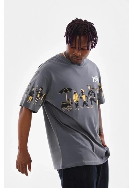 Unisex Bisiklet Yaka Baskılı Oversize T-Shirt - Gri modelleri