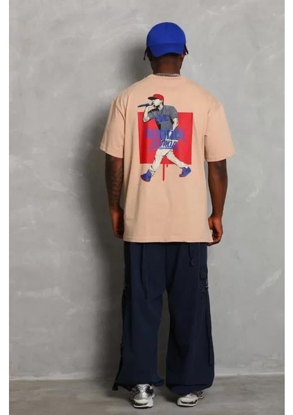 Unisex Oversize Baskılı Bisiklet Yaka T-Shirt - Bej modelleri