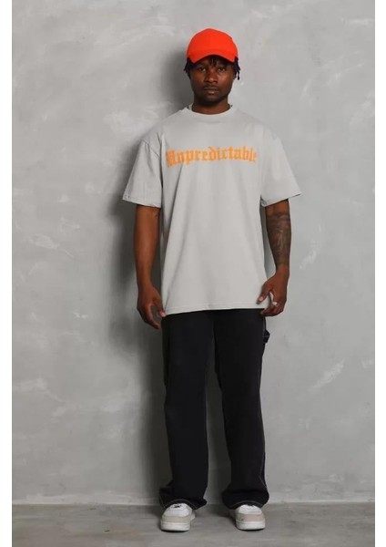 Unisex Oversize Baskılı Bisiklet Yaka T-Shirt - Gri fiyatları