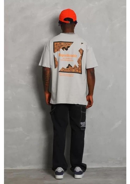 Unisex Oversize Baskılı Bisiklet Yaka T-Shirt - Gri modelleri