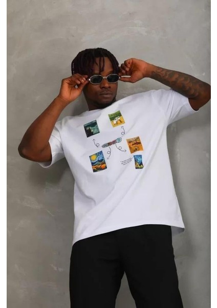 Unisex Oversize Baskılı Bisiklet Yaka T-Shirt - Beyaz fiyatları