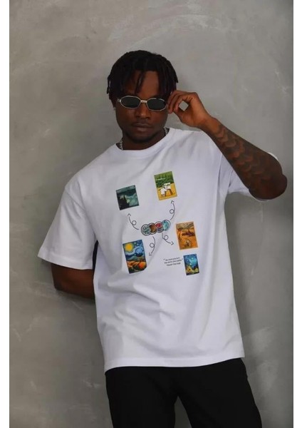 Unisex Oversize Baskılı Bisiklet Yaka T-Shirt - Beyaz modelleri