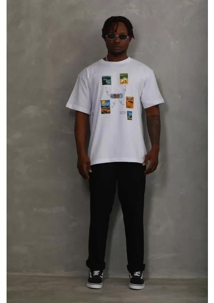 Unisex Oversize Baskılı Bisiklet Yaka T-Shirt - Beyaz fırsatları