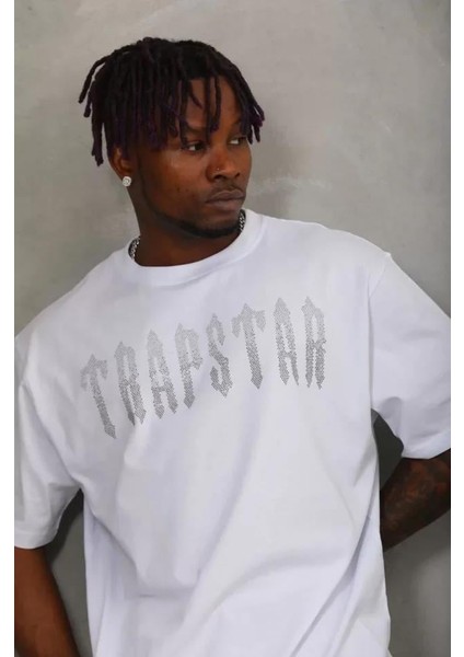 Unisex Oversize Taşlı Bisiklet Yaka T-Shirt - Beyaz fiyatları