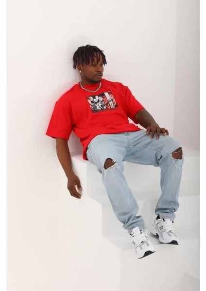 Unisex Oversize Baskılı Bisiklet Yaka T-Shirt - Kırmızı modelleri