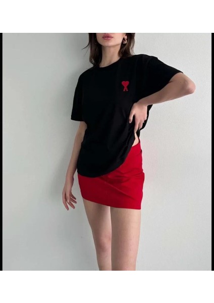 Unisex Bisiklet Yaka Baskılı Oversize T-Shirt - Siyah fiyatları