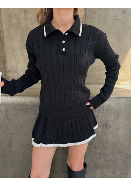 Gömlek Yaka Triko Kumaş Hırka Pileli Etek Takım