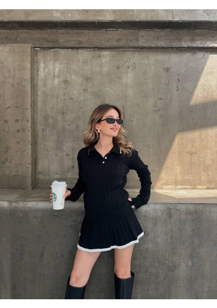 Gömlek Yaka Triko Kumaş Hırka Pileli Etek Takım fiyatları