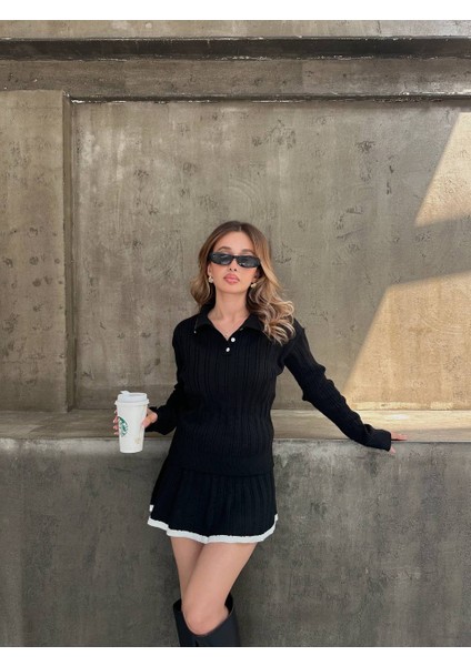 Gömlek Yaka Triko Kumaş Hırka Pileli Etek Takım indirimleri