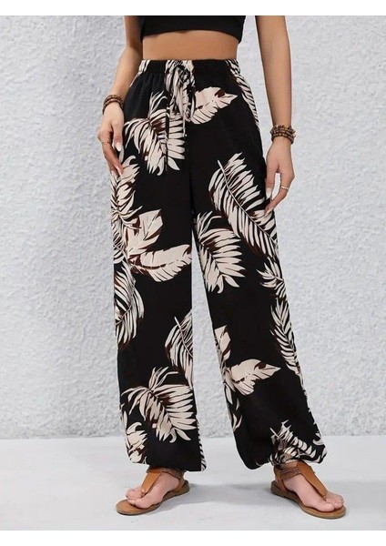 Kadın Yüksek Bel Bağcıklı Yaprak Desenli Süprem Pantolon indirimleri