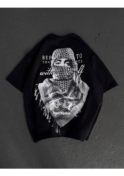 Unisex Baskılı Oversize T-Shirt - Siyah modelleri