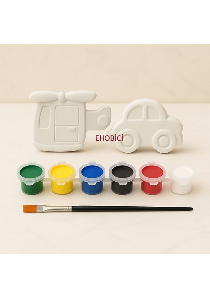Ehobici Taş Boyama Seti Helikopter & Araba 6 Renk Akrilik Boya 5ml + Fırça