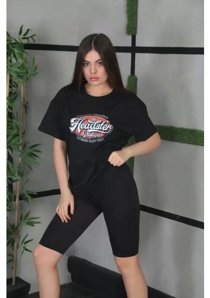 Unisex Baskılı Oversize T-Shirt - Siyah