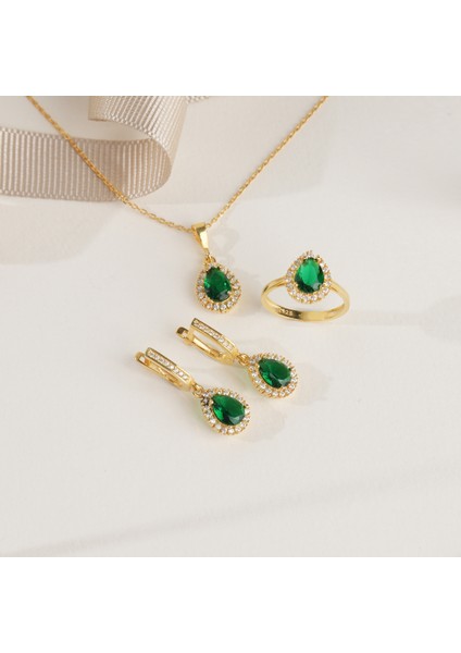 925 Ayar Sarı Altın Kaplama Damla Zümrüt Taşlı Gümüş Set