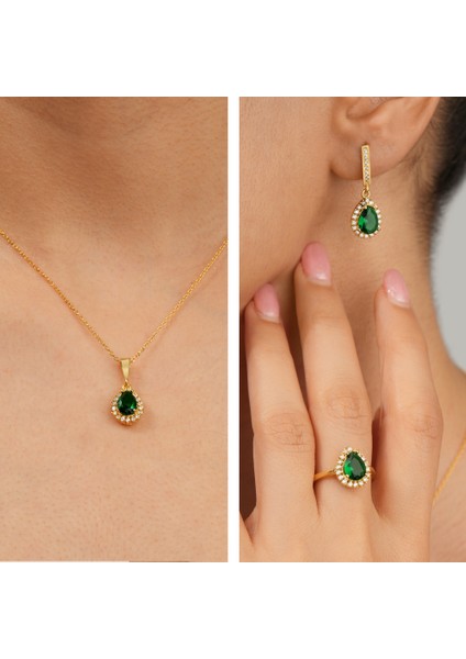 925 Ayar Sarı Altın Kaplama Damla Zümrüt Taşlı Gümüş Set fiyatları
