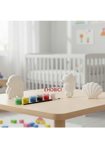 Ehobici Taş Boyama Seti Ahtapot & Deniz Atı & Istiridye 6 Renk Akrilik Boya 5ml + Fırça