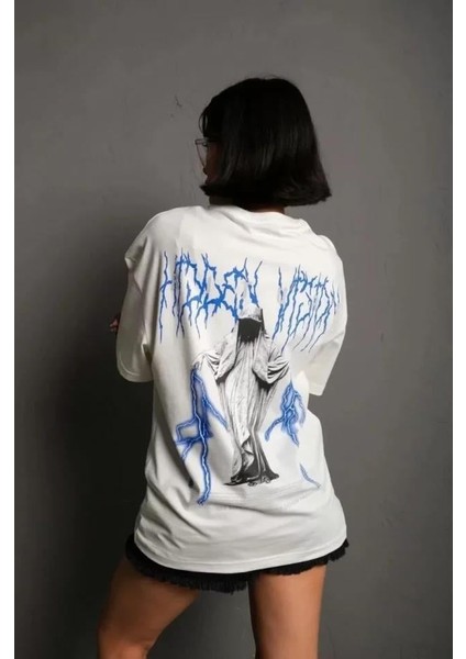 Unisex Bisiklet Yaka Baskılı Oversize T-Shirt - Beyaz fiyatları