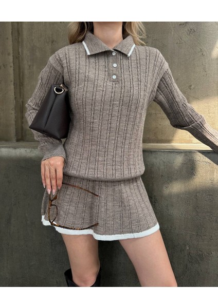 Gömlek Yaka Triko Kumaş Hırka Pileli Etek Takım