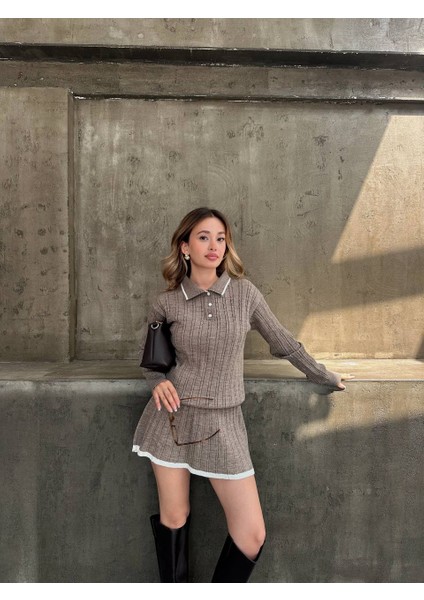 Gömlek Yaka Triko Kumaş Hırka Pileli Etek Takım fırsatları