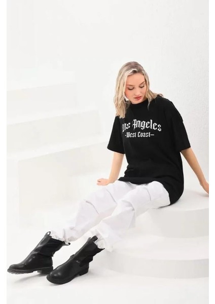 Unisex Baskılı Oversize T-Shirt - Siyah fırsatları