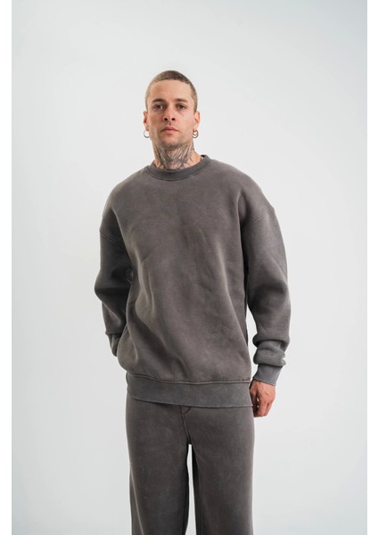 Unisex Uzun Kol Bisiklet Yaka Yıkamalı Sweatshirt - Füme