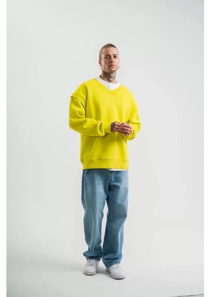 Geniş V Yaka Kol Ribana Detaylı Sweatshirt - Sarı
