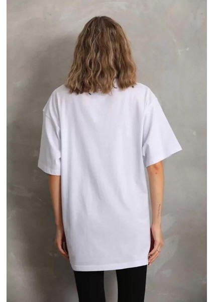 Unisex Taş Desenli Oversize T-Shirt - Beyaz fiyatları