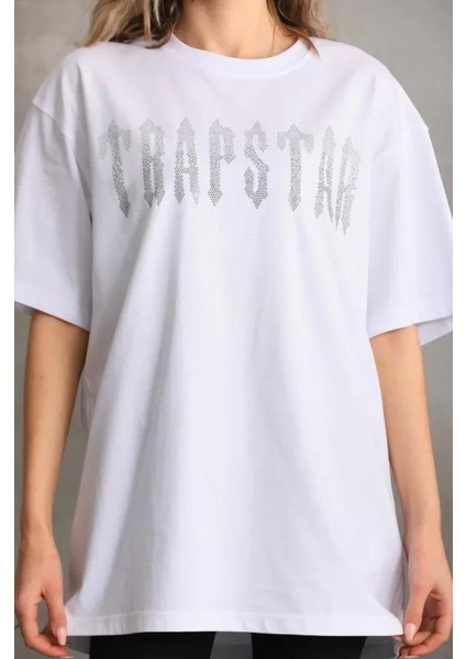 Unisex Taş Desenli Oversize T-Shirt - Beyaz modelleri