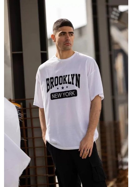 Unisex Bisiklet Yaka Baskılı Oversize T-Shirt - Beyaz