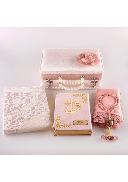 Kadife Çantalı Orta Boy Kuranı Kerim (Pudra Pembe)