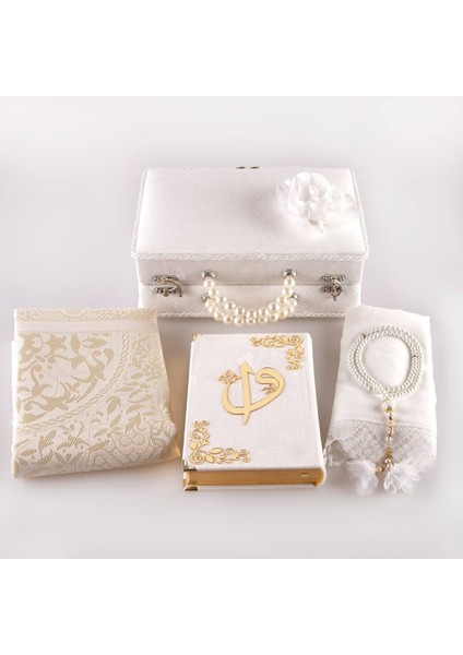 Dini Hediye Kadife Çantalı Çanta Boy Kuranı Kerim (Beyaz)