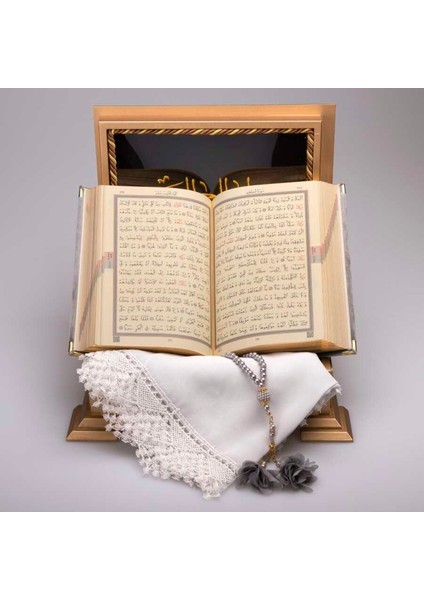 Şal Tesbih Kuran Hediye Seti (Hafız Boy, Ahşap Kutulu, Kadife, Gri)