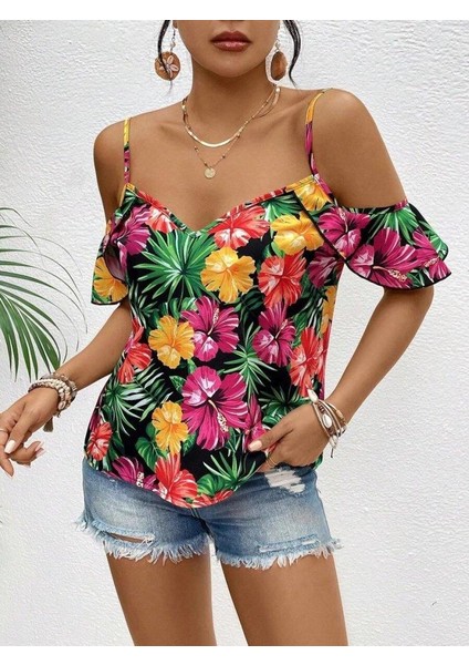 Kadın Askılı Omuzlardan Açık Çiçek Baskılı Bluz fırsatları