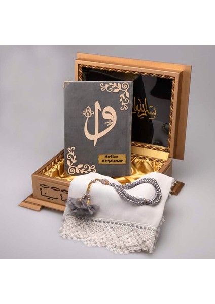 Şal Tesbih Kuran Hediye Seti (Hafız Boy, Ahşap Kutulu, Kadife, Gri) modelleri