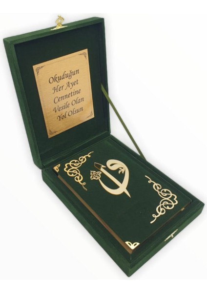 Dini Hediye Kuranı Kerim Seti Plaketli Kadife Kutulu Orta Boy Yeşil