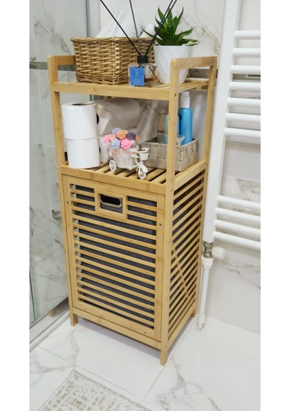 Bambu Kirli Sepeti 95X40X30 cm – Kapaklı Çamaşır Sepeti & Raflı Banyo Dolabı