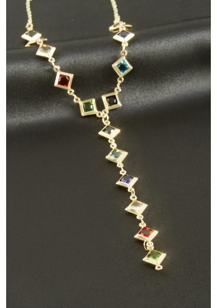 Kare Kristal Taşlı Y Kolye