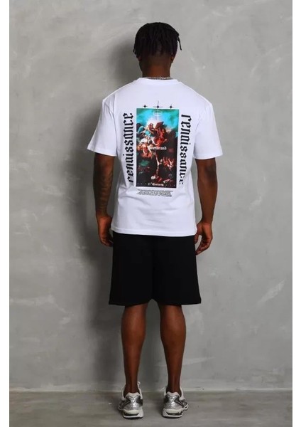 Unisex Oversize Baskılı Bisiklet Yaka T-Shirt - Beyaz fırsatları