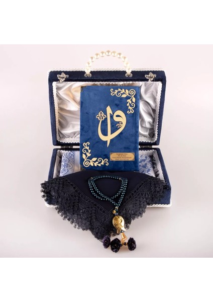 Boncuklu Kutu Çeyizlik, Şal + Seccade + Tesbih + Kuran Hediye Seti (Hafız B. Kadife, Lacivert) fiyatları