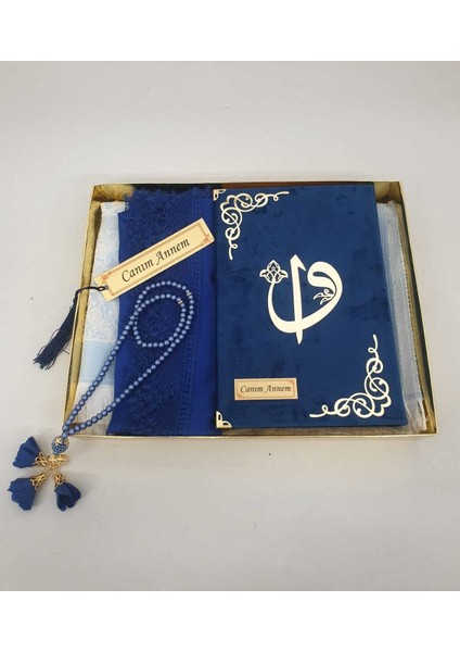 Lacivert Hediye Kuranı Kerim Seti Örtü Tespih Seccade Ayraç fiyatları