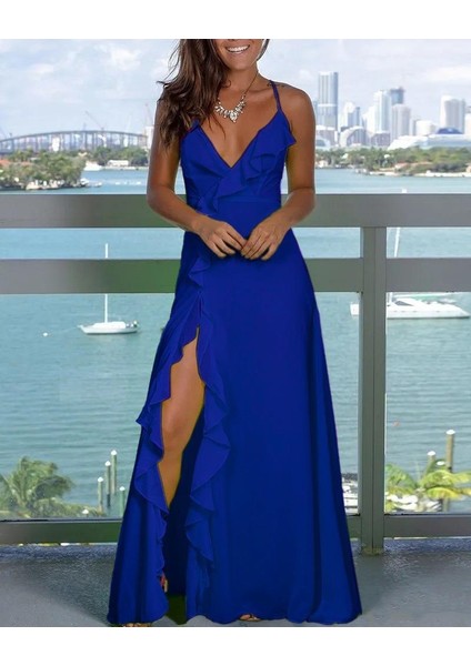 Kadın Ip Askılı Dekolteli Yırtmaç Detay Krep Elbise