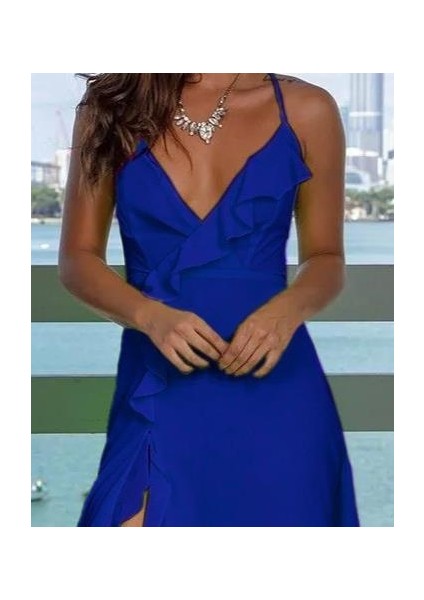 Kadın Ip Askılı Dekolteli Yırtmaç Detay Krep Elbise fiyatları