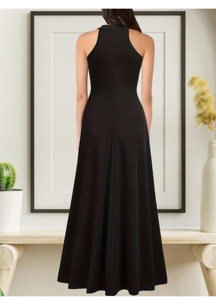 Kadın Halter Yaka Derin Yırtmaç Detaylı Tam Boy Ithal Krep Abiye Elbise fiyatları