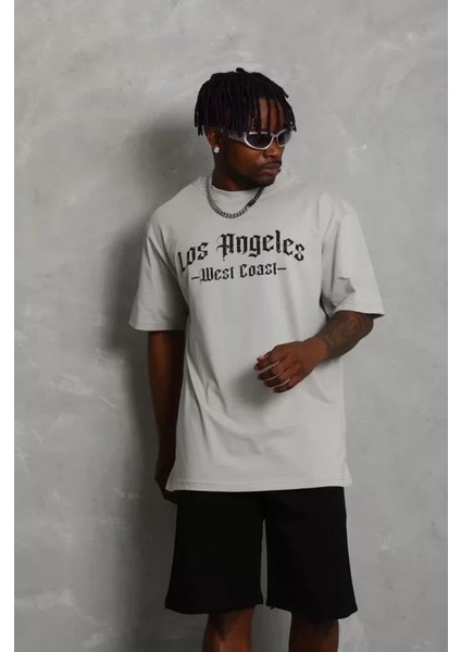 Unisex Oversize Baskılı Bisiklet Yaka T-Shirt - Gri