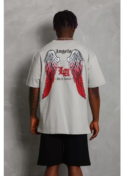 Unisex Oversize Baskılı Bisiklet Yaka T-Shirt - Gri modelleri