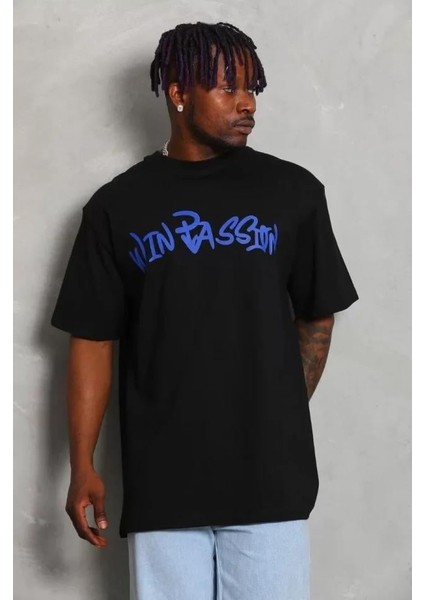 Unisex Oversize Baskılı Bisiklet Yaka T-Shirt - Siyah modelleri