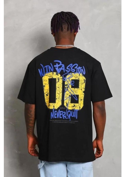 Unisex Oversize Baskılı Bisiklet Yaka T-Shirt - Siyah fırsatları