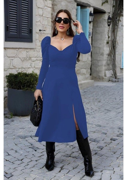 Kadın Uzun Kollu Göğüs ve Sırt Dekolteli Krep Midi Boy Elbise fiyatları